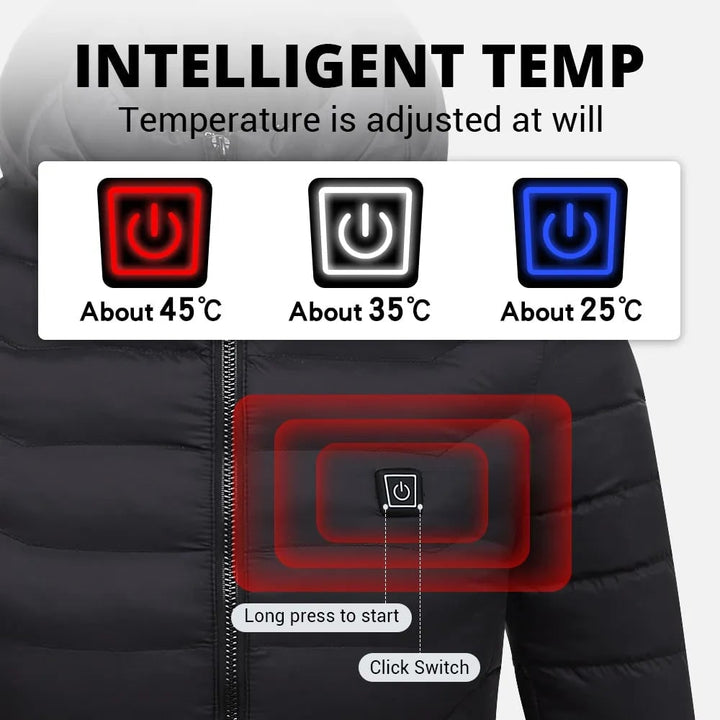 Verwarmde heren donsjas voor de winter met temperatuurregeling en ingebouwde capuchon