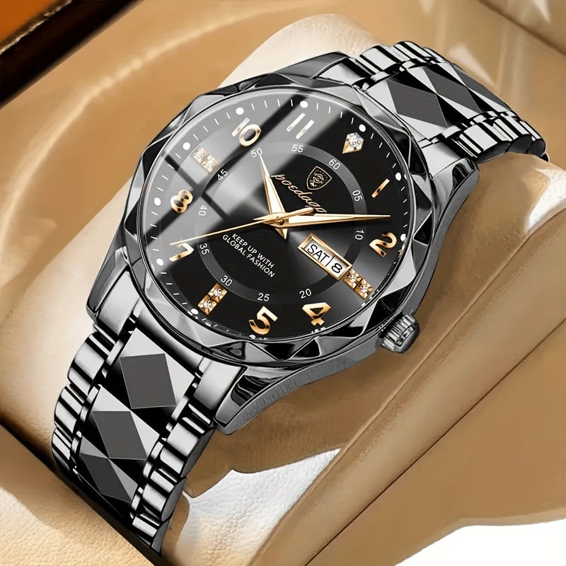 Heren sport analoog horloge met dag-datumvenster en gefacetteerde bezel