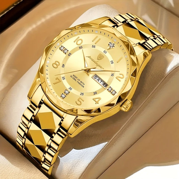 Heren sport analoog horloge met dag-datumvenster en gefacetteerde bezel