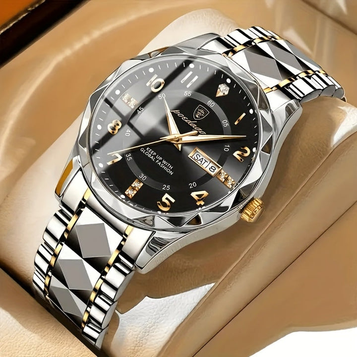Heren sport analoog horloge met dag-datumvenster en gefacetteerde bezel