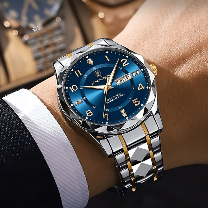 Heren sport analoog horloge met dag-datumvenster en gefacetteerde bezel