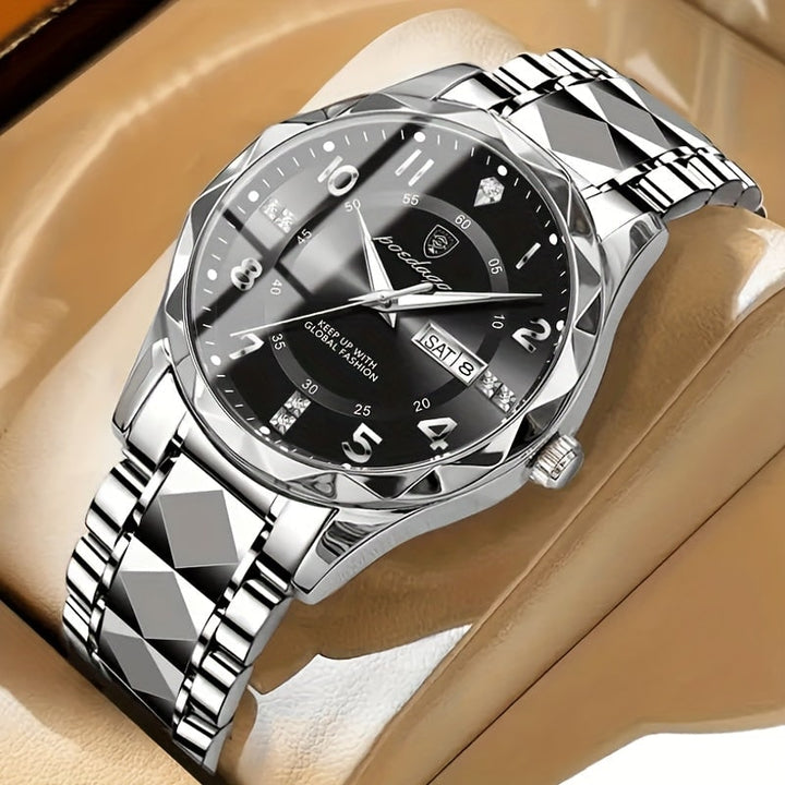 Heren sport analoog horloge met dag-datumvenster en gefacetteerde bezel