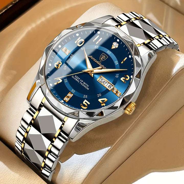Heren sport analoog horloge met dag-datumvenster en gefacetteerde bezel