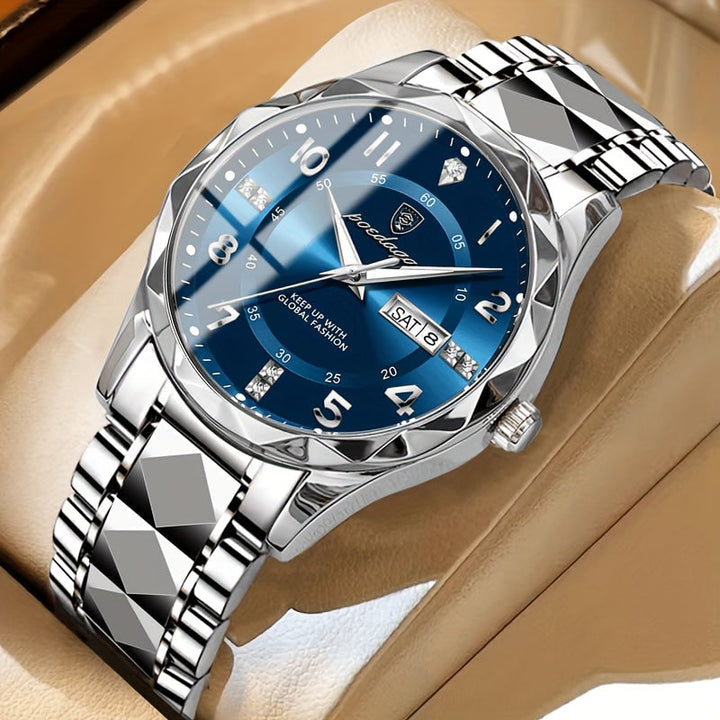 Heren sport analoog horloge met dag-datumvenster en gefacetteerde bezel