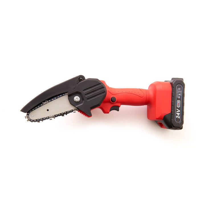 Mini kettingzaag draadloos met 24V oplaadbare accu en veiligheidsbeschermer, compact