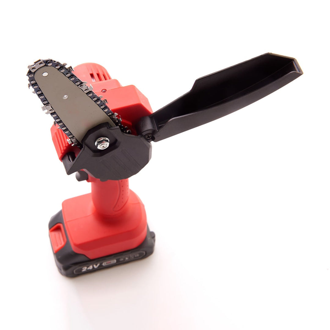 Mini kettingzaag draadloos met 24V oplaadbare accu en veiligheidsbeschermer, compact
