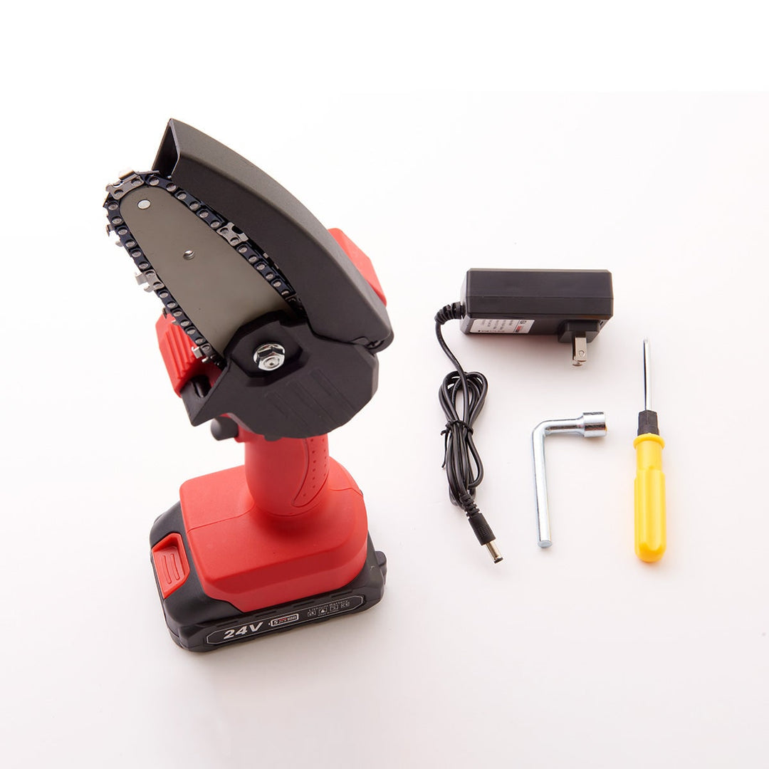 Mini kettingzaag draadloos met 24V oplaadbare accu en veiligheidsbeschermer, compact