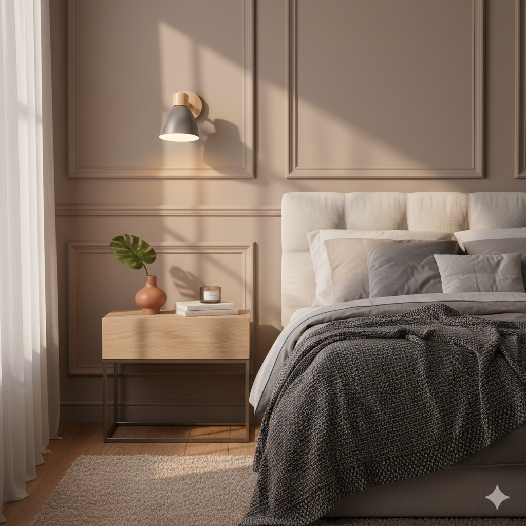 Moderne wandlamp met verstelbare arm trekkoordschakelaar en houten koepelkap nachtkastje