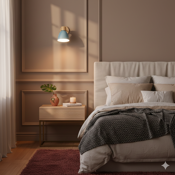 Moderne wandlamp met verstelbare arm trekkoordschakelaar en houten koepelkap nachtkastje