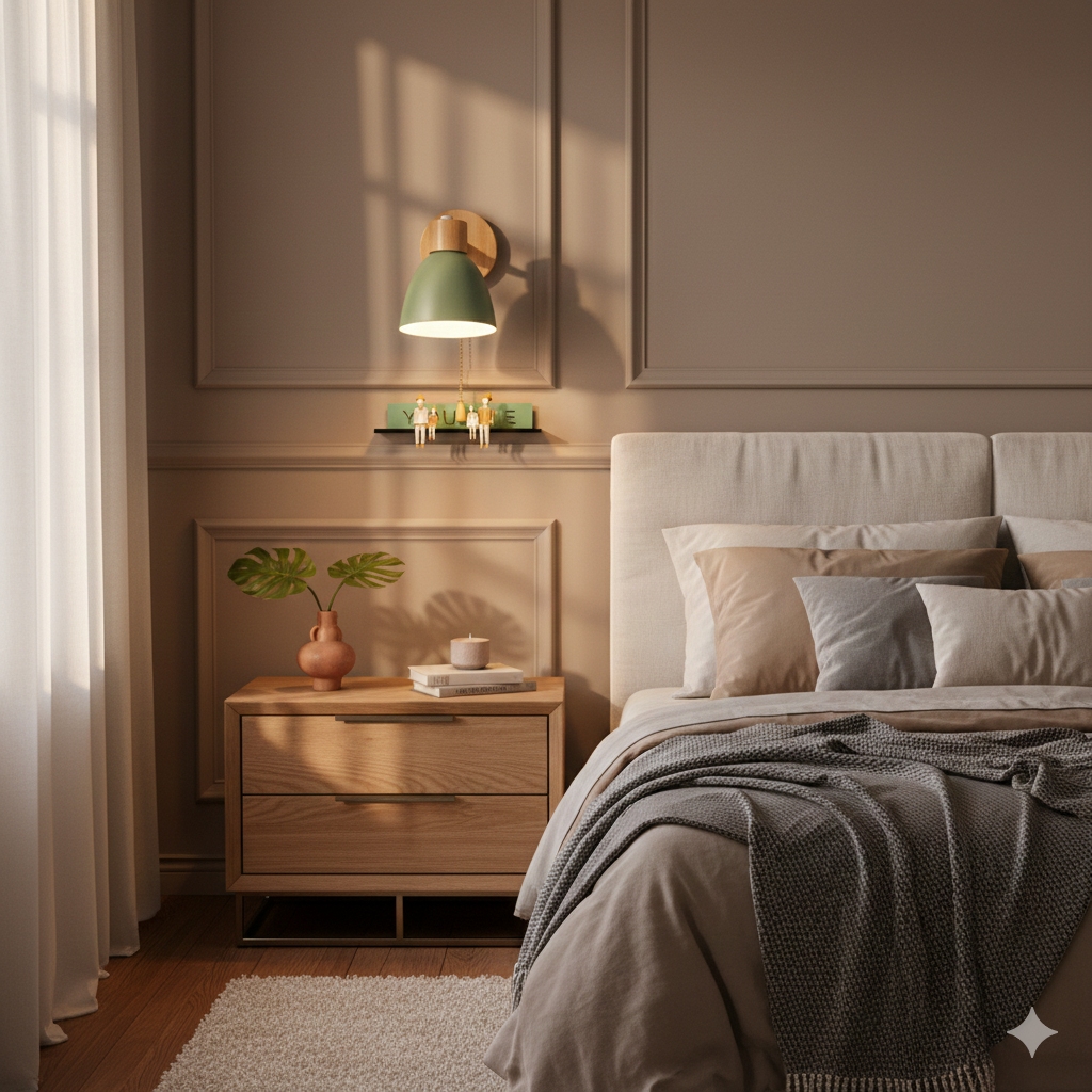 Moderne wandlamp met verstelbare arm trekkoordschakelaar en houten koepelkap nachtkastje