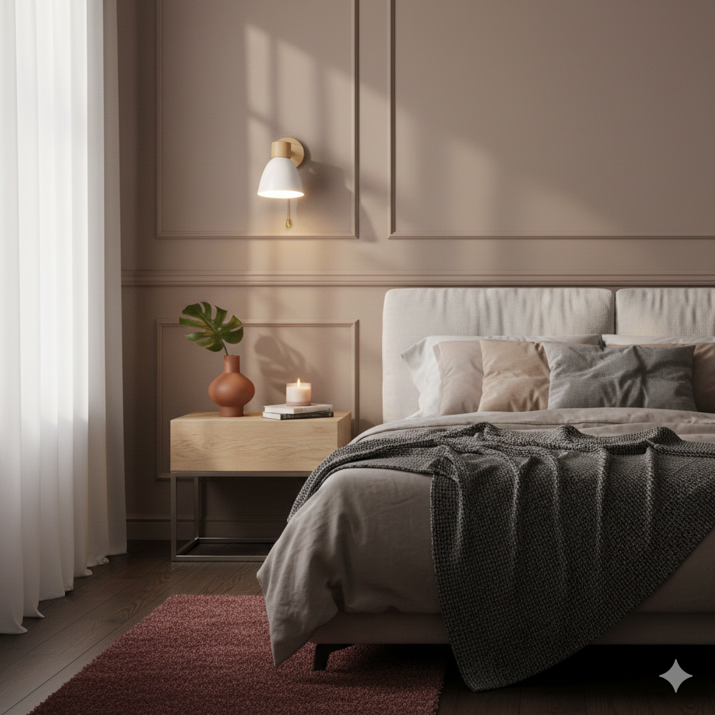 Moderne wandlamp met verstelbare arm trekkoordschakelaar en houten koepelkap nachtkastje
