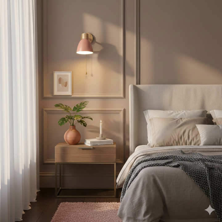 Moderne wandlamp met verstelbare arm trekkoordschakelaar en houten koepelkap nachtkastje
