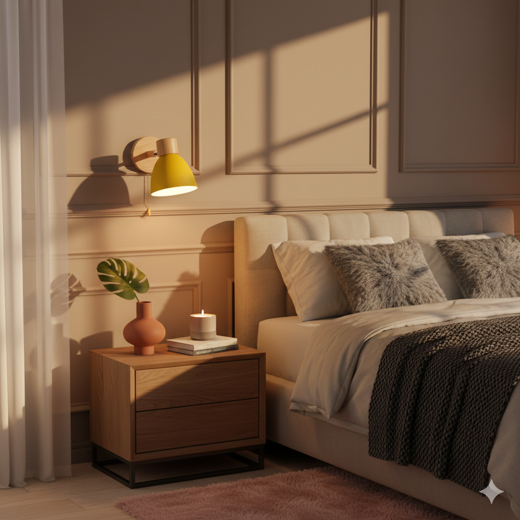 Moderne wandlamp met verstelbare arm trekkoordschakelaar en houten koepelkap nachtkastje