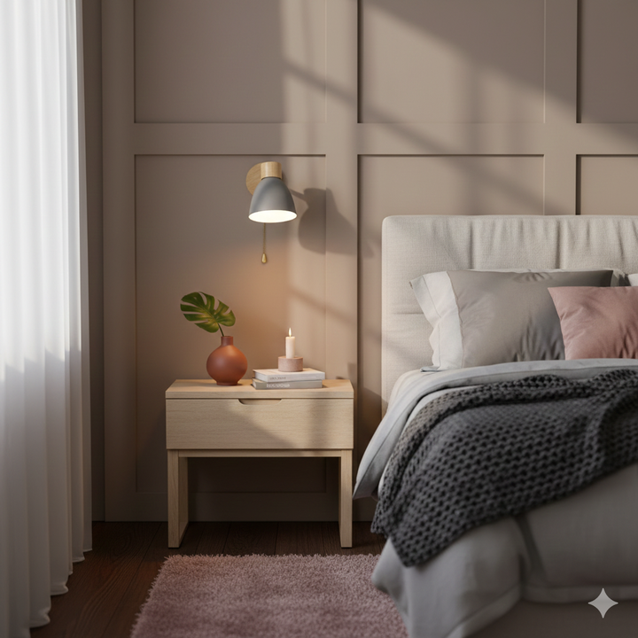 Moderne wandlamp met verstelbare arm trekkoordschakelaar en houten koepelkap nachtkastje