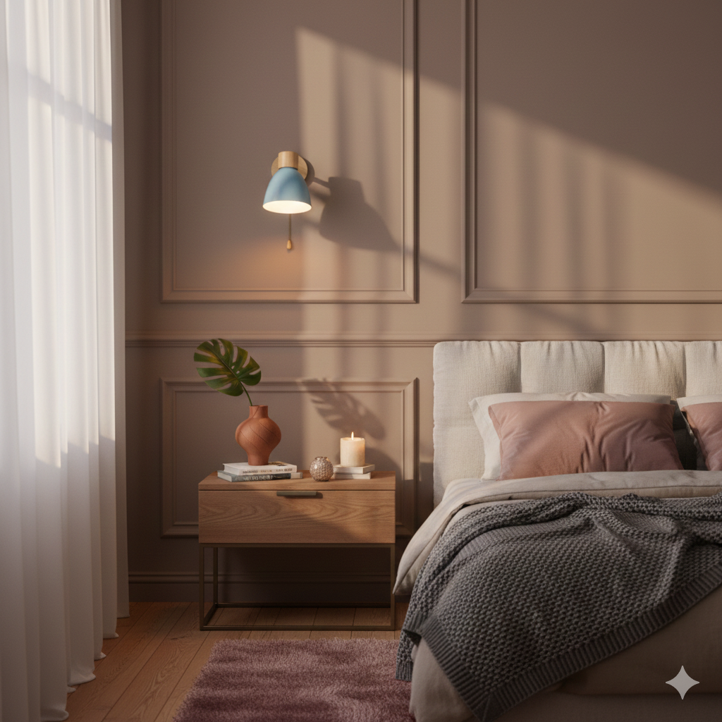 Moderne wandlamp met verstelbare arm trekkoordschakelaar en houten koepelkap nachtkastje