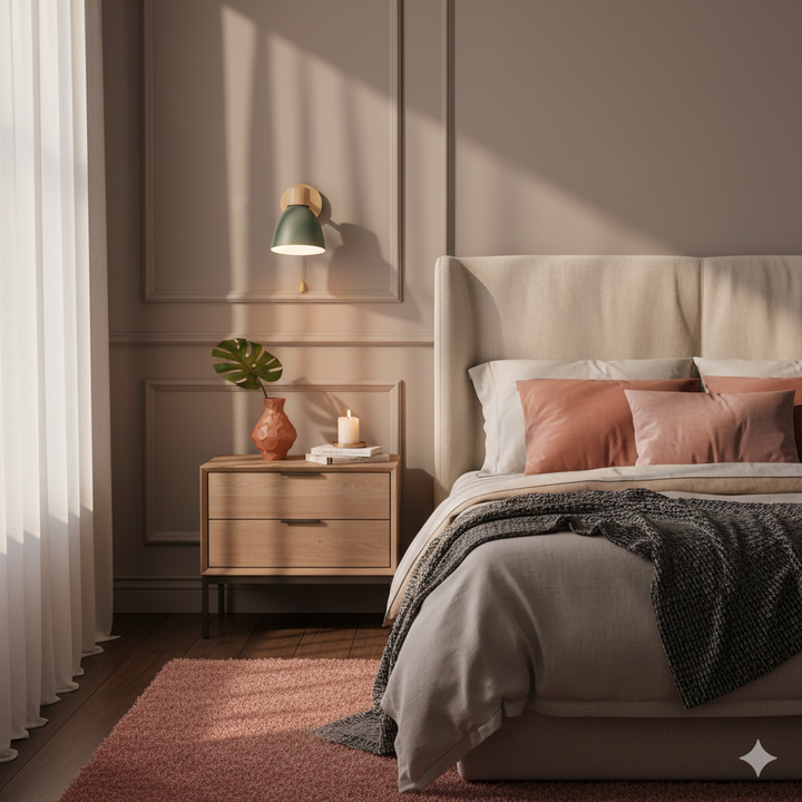 Moderne wandlamp met verstelbare arm trekkoordschakelaar en houten koepelkap nachtkastje