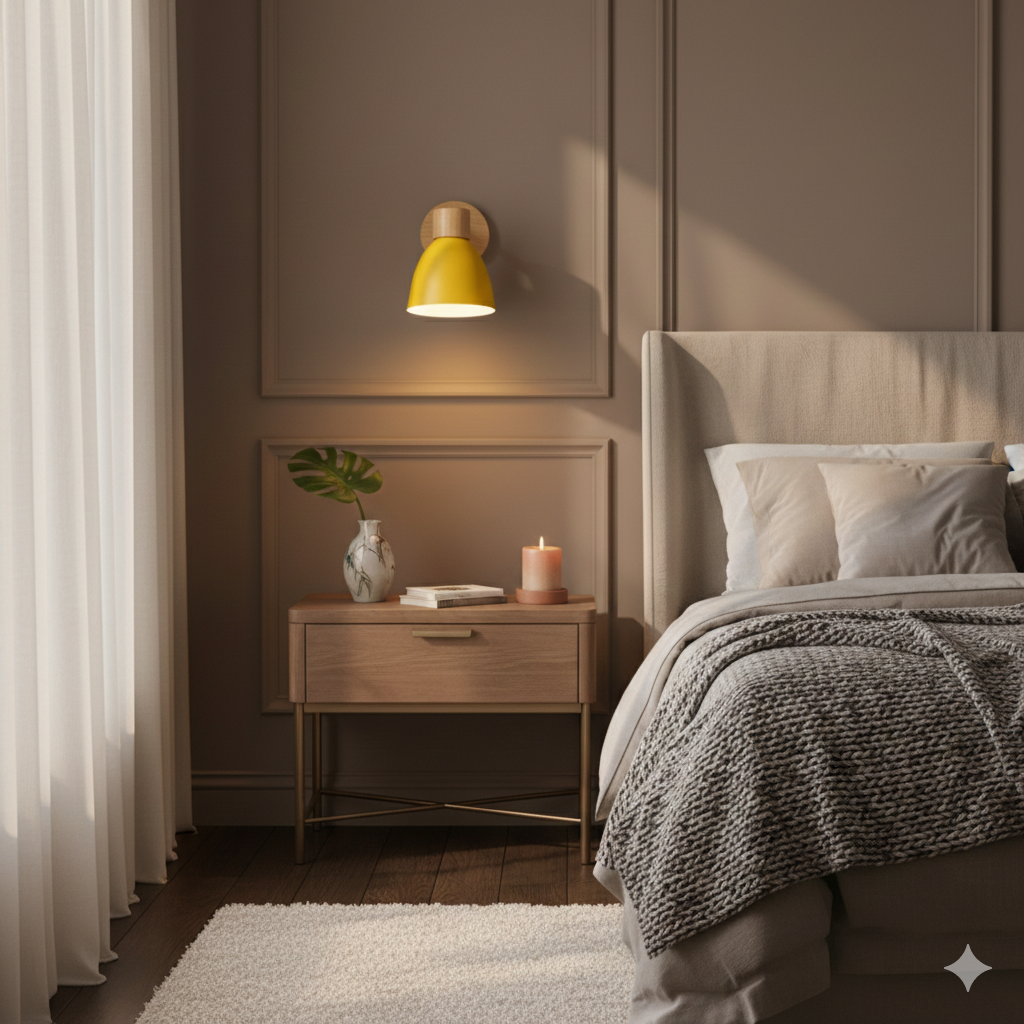 Moderne wandlamp met verstelbare arm trekkoordschakelaar en houten koepelkap nachtkastje