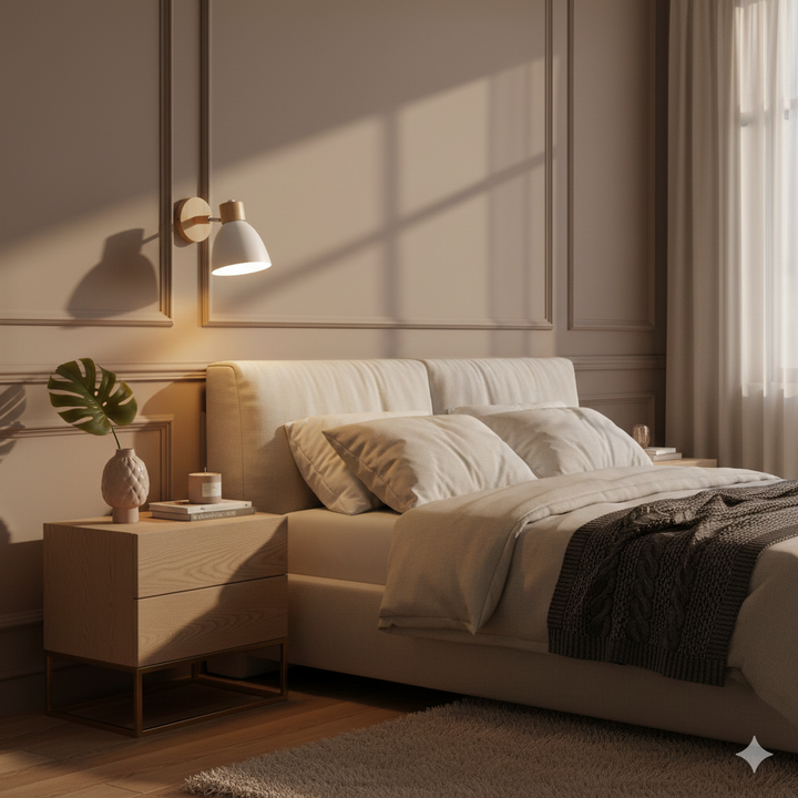 Moderne wandlamp met verstelbare arm trekkoordschakelaar en houten koepelkap nachtkastje