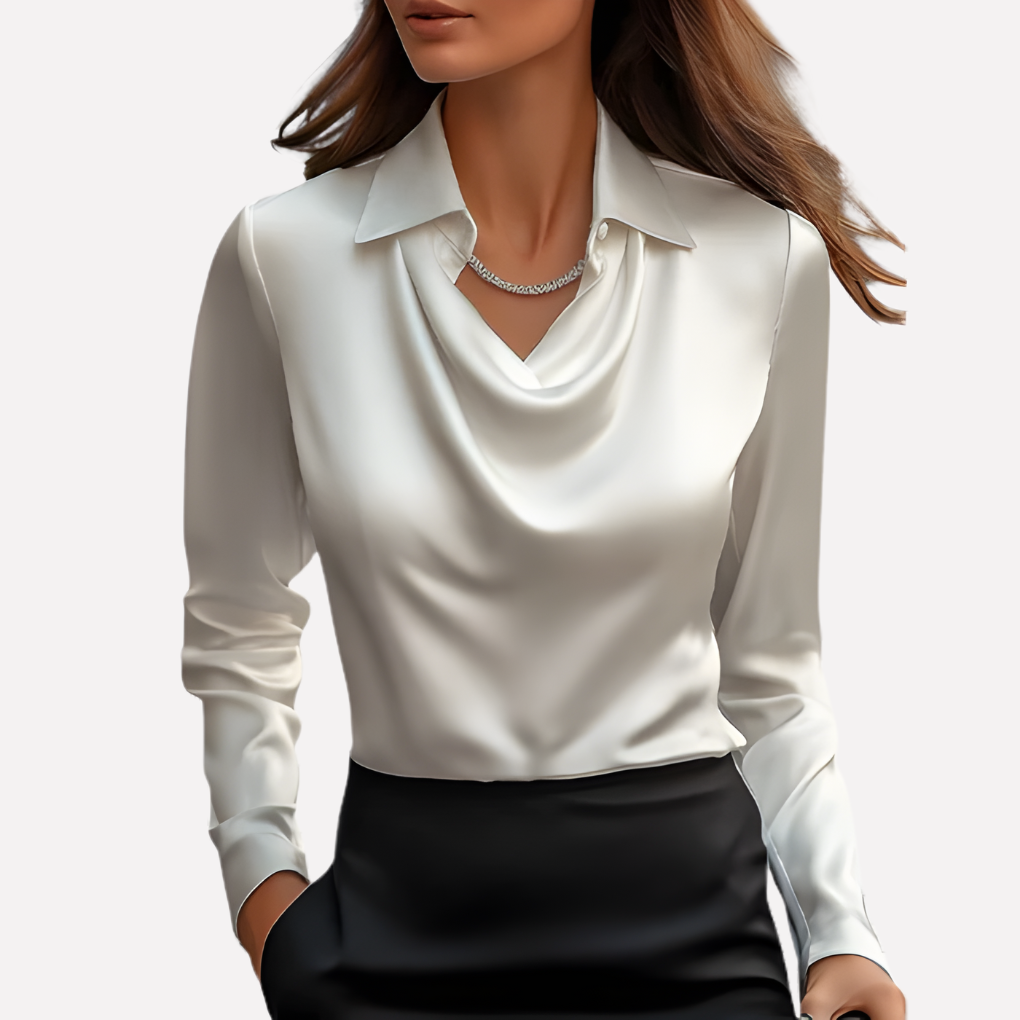 Satijnen damesblouse met watervalhals en lange mouwen
