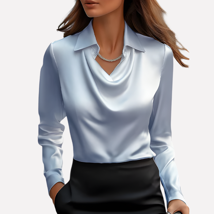 Satijnen damesblouse met watervalhals en lange mouwen