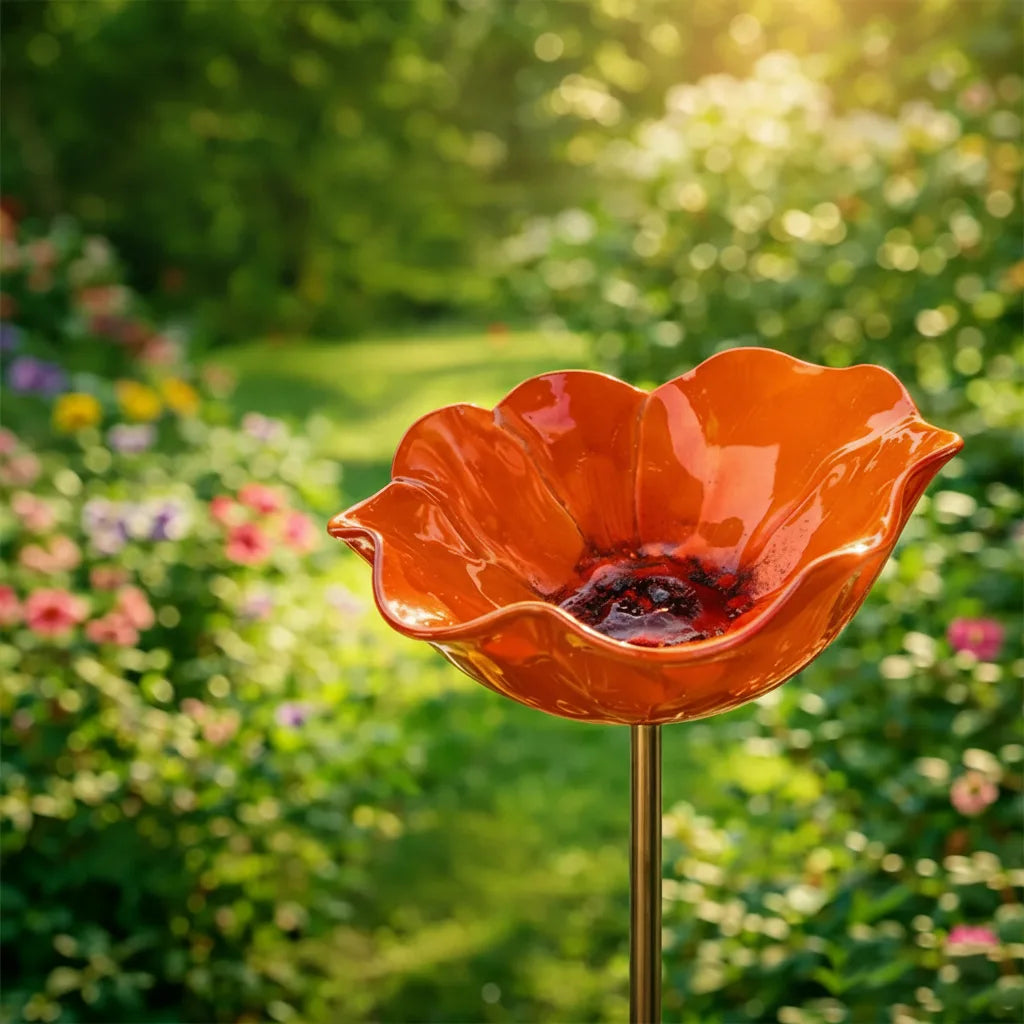 Metalen klaproos-vogeldrinkplaats op steker – tuin- en balkondecoratie, 60 cm