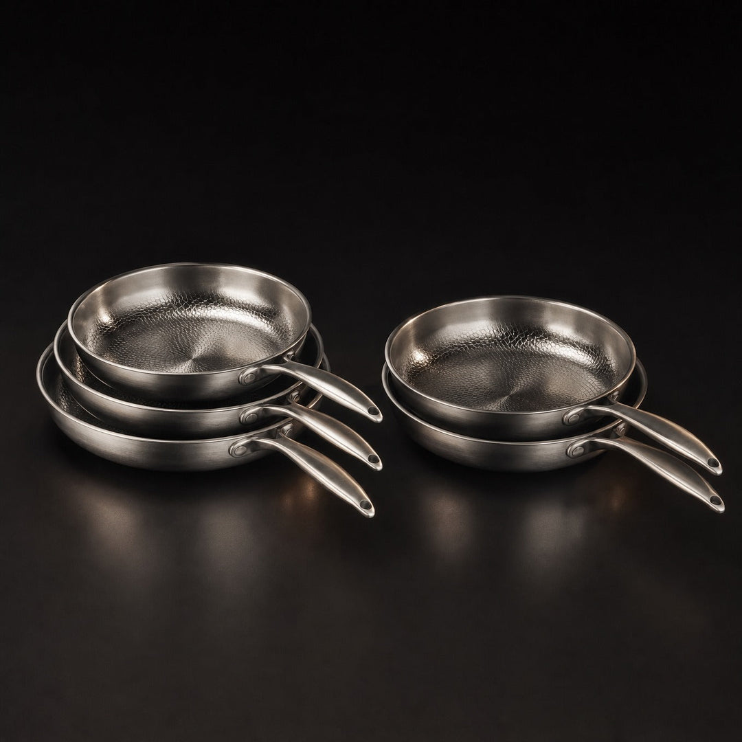 Handgehamerde titanium koekenpannenset met 2 deksels, 5 maten (8–12 inch)