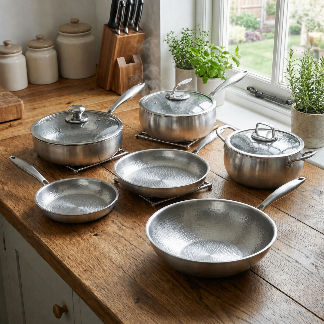 Handgehamerde titanium keukenset met 3 deksels (10, 11 en 12 inch)
