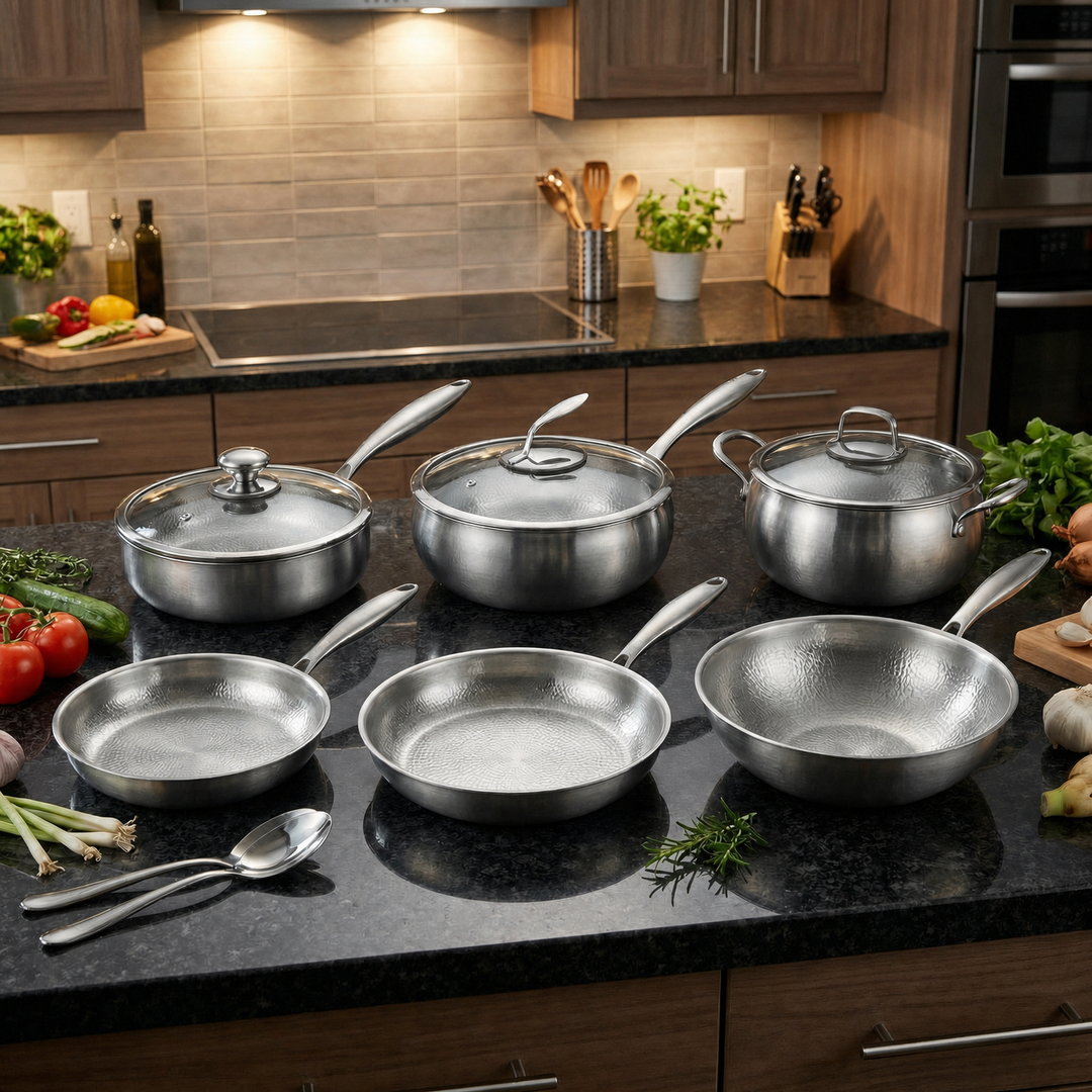 Handgehamerde titanium keukenset met 3 deksels (10, 11 en 12 inch)