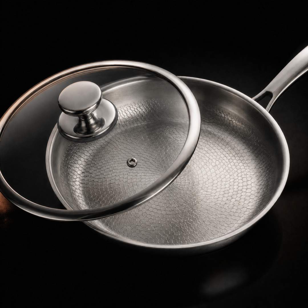 Handgehamerde titanium koekenpannenset met 2 deksels, 5 maten (8–12 inch)
