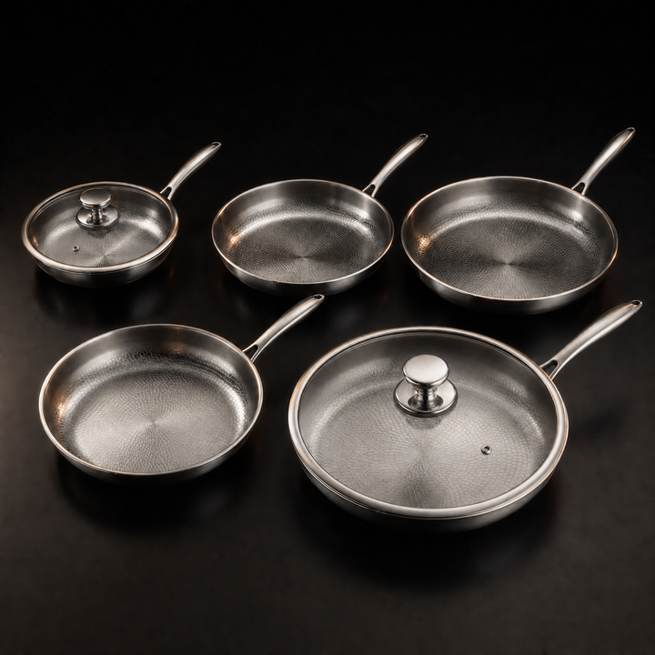 Handgehamerde titanium koekenpannenset met 2 deksels, 5 maten (8–12 inch)