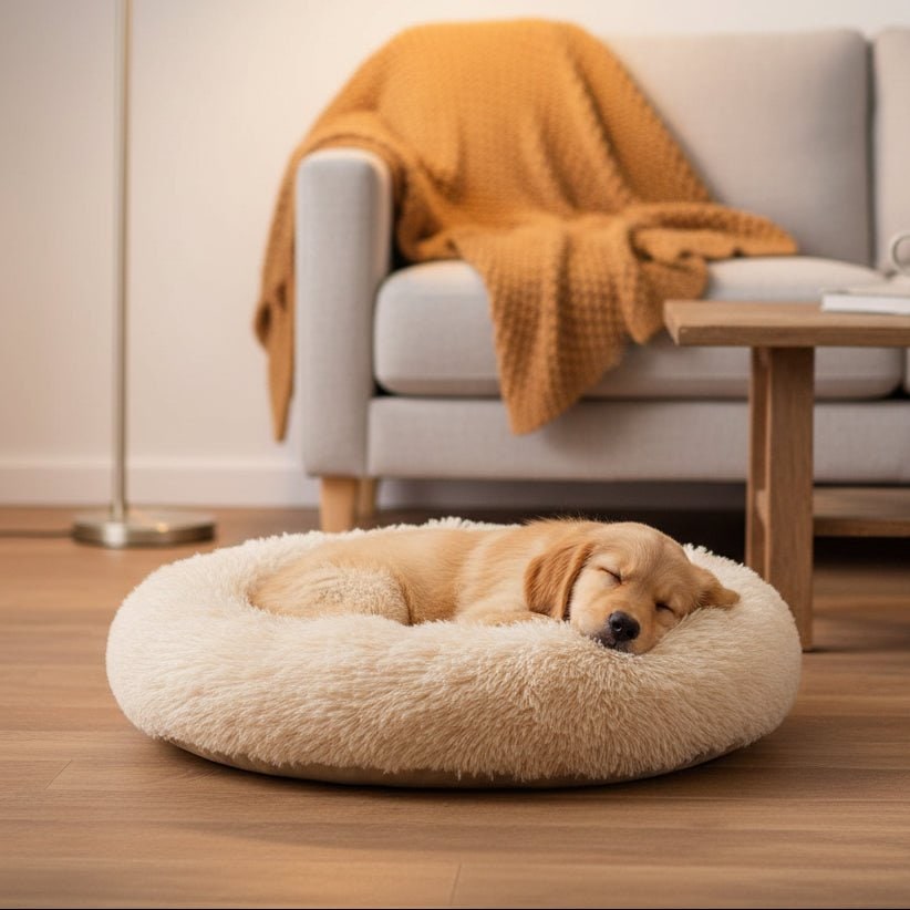 Orthopedisch donut pluche hondenbed met opstaande rand en shaggy kunstbont kussen