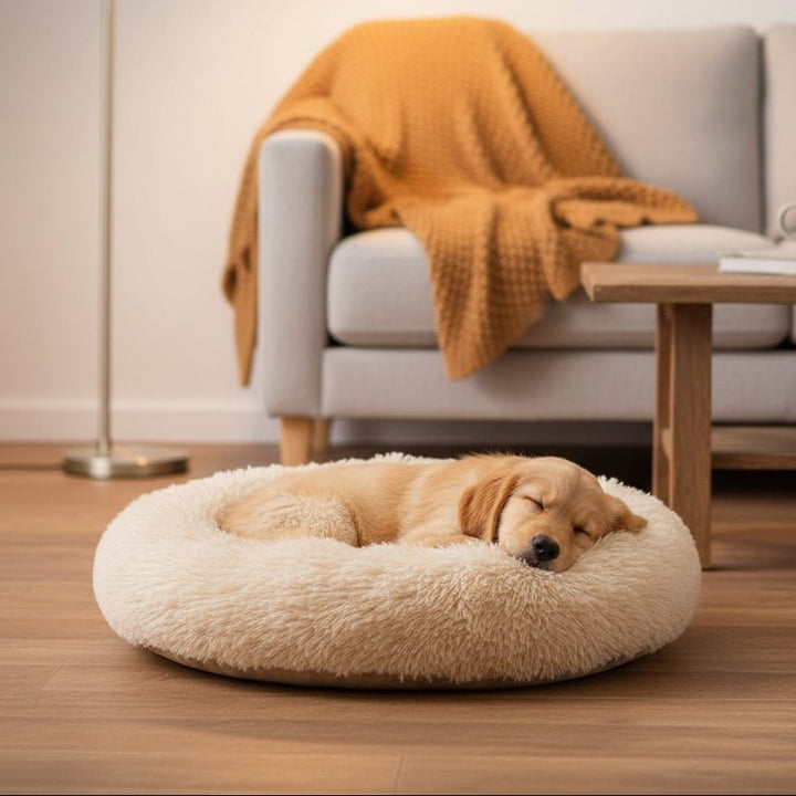 Orthopedisch donut pluche hondenbed met opstaande rand en shaggy kunstbont kussen