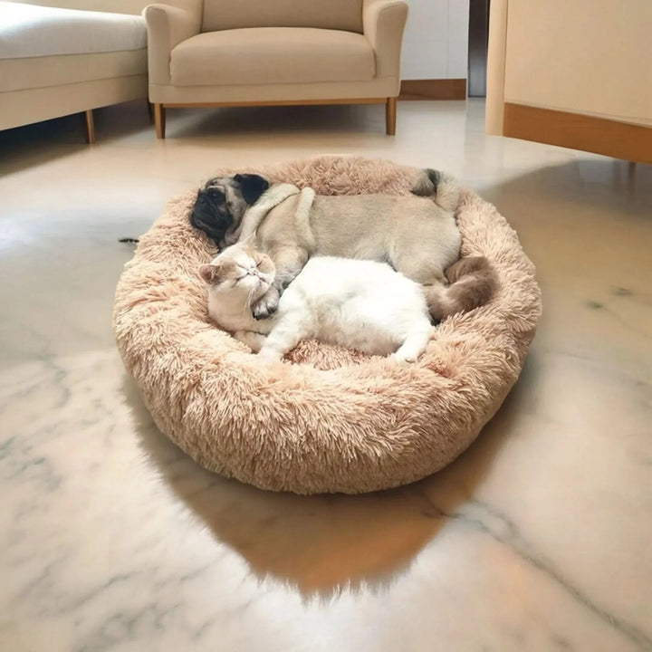 Orthopedisch donut pluche hondenbed met opstaande rand en shaggy kunstbont kussen