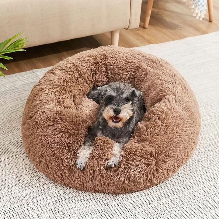 Orthopedisch donut pluche hondenbed met opstaande rand en shaggy kunstbont kussen
