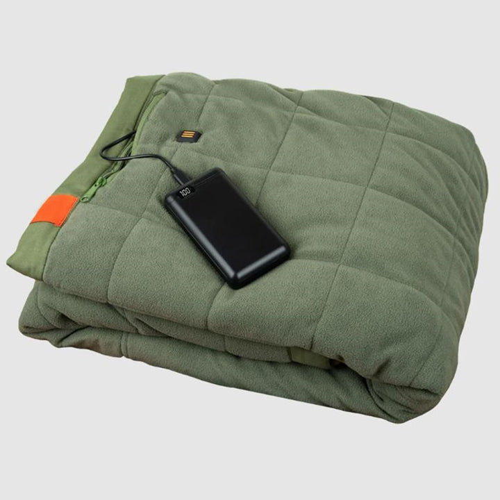Verwarmde buitendeken op batterijen met draagbare USB-powerbank en drie verwarmingszones