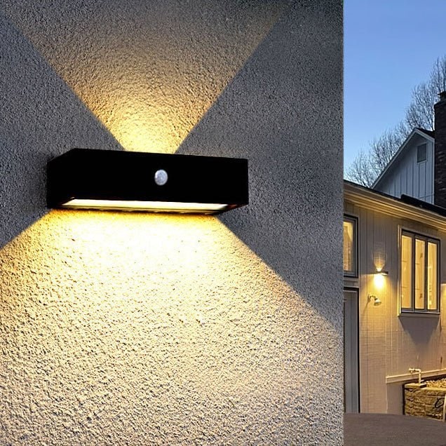Buitenwandlamp met op- en neer-LED-verlichting en bewegingssensor voor buiten