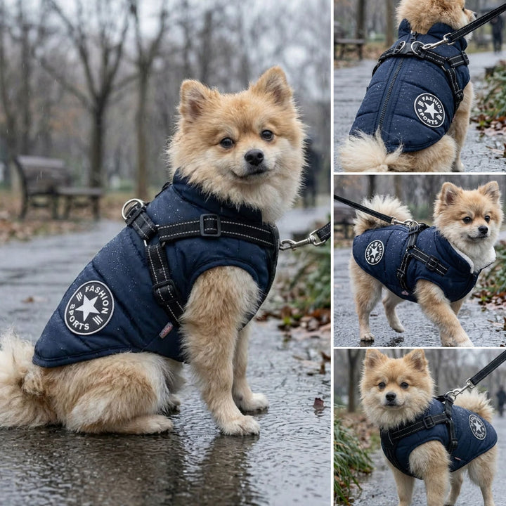 Gewatteerde winterjas voor honden met geïntegreerd tuig