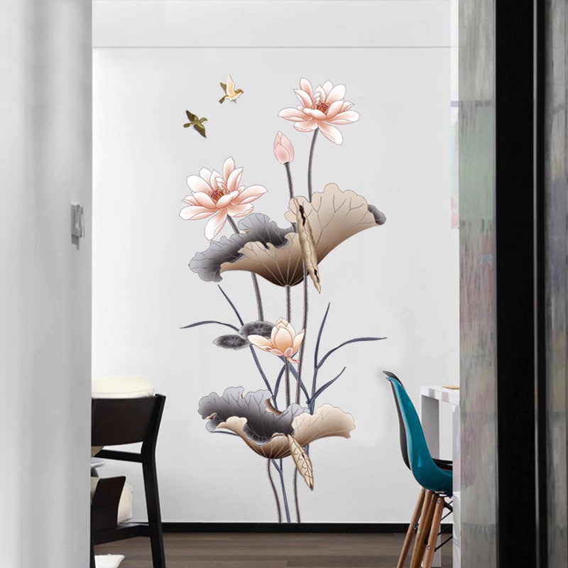 Muursticker om af te trekken en te plakken met lotusbloem en vogels, waterdichte vinyl kunst