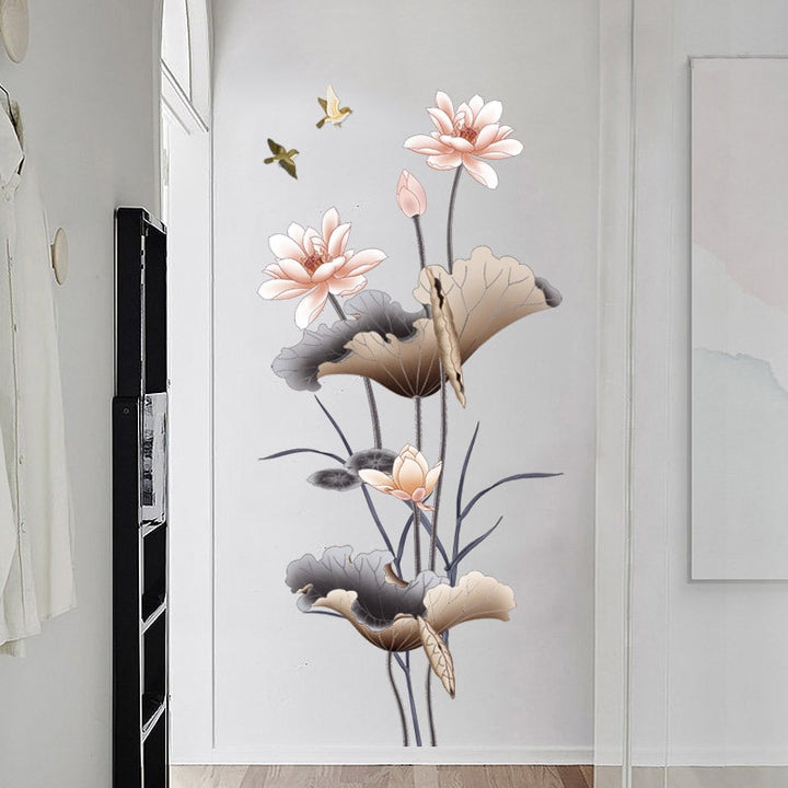 Muursticker om af te trekken en te plakken met lotusbloem en vogels, waterdichte vinyl kunst