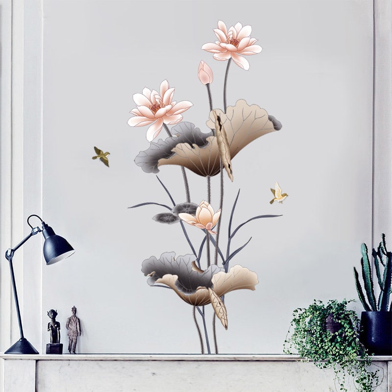 Muursticker om af te trekken en te plakken met lotusbloem en vogels, waterdichte vinyl kunst