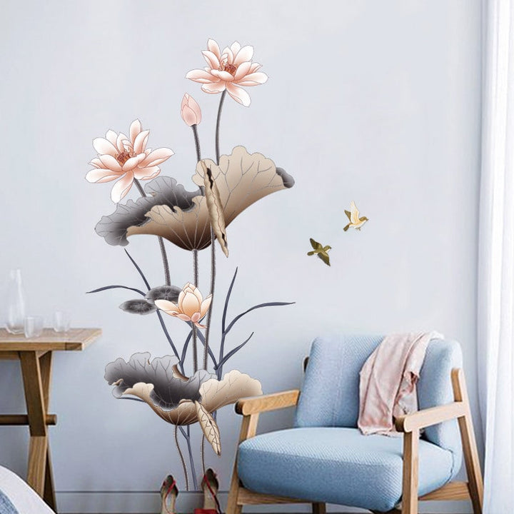 Muursticker om af te trekken en te plakken met lotusbloem en vogels, waterdichte vinyl kunst