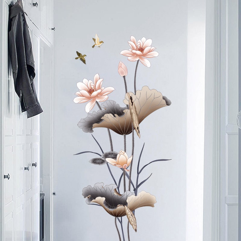 Muursticker om af te trekken en te plakken met lotusbloem en vogels, waterdichte vinyl kunst