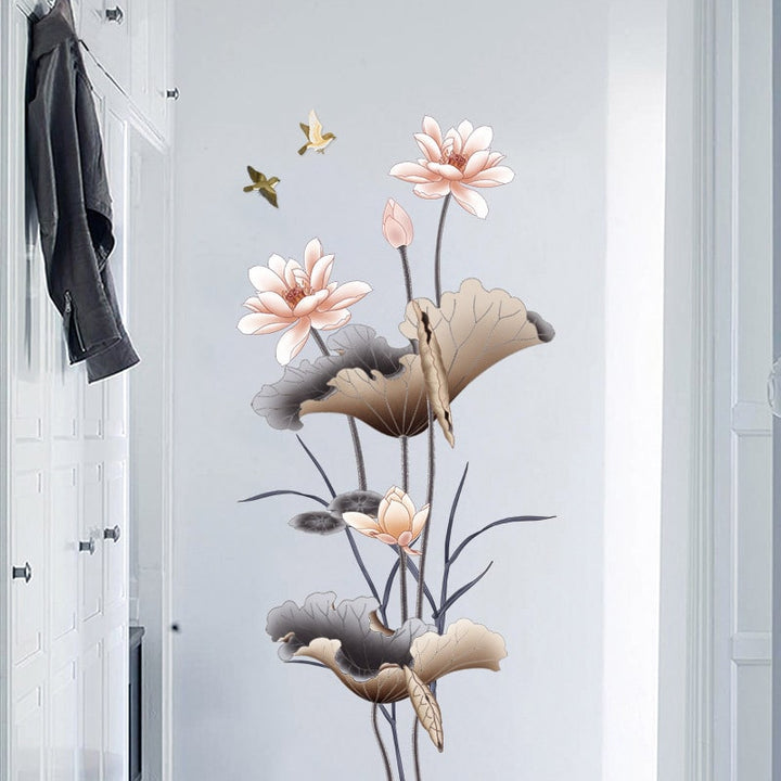 Muursticker om af te trekken en te plakken met lotusbloem en vogels, waterdichte vinyl kunst