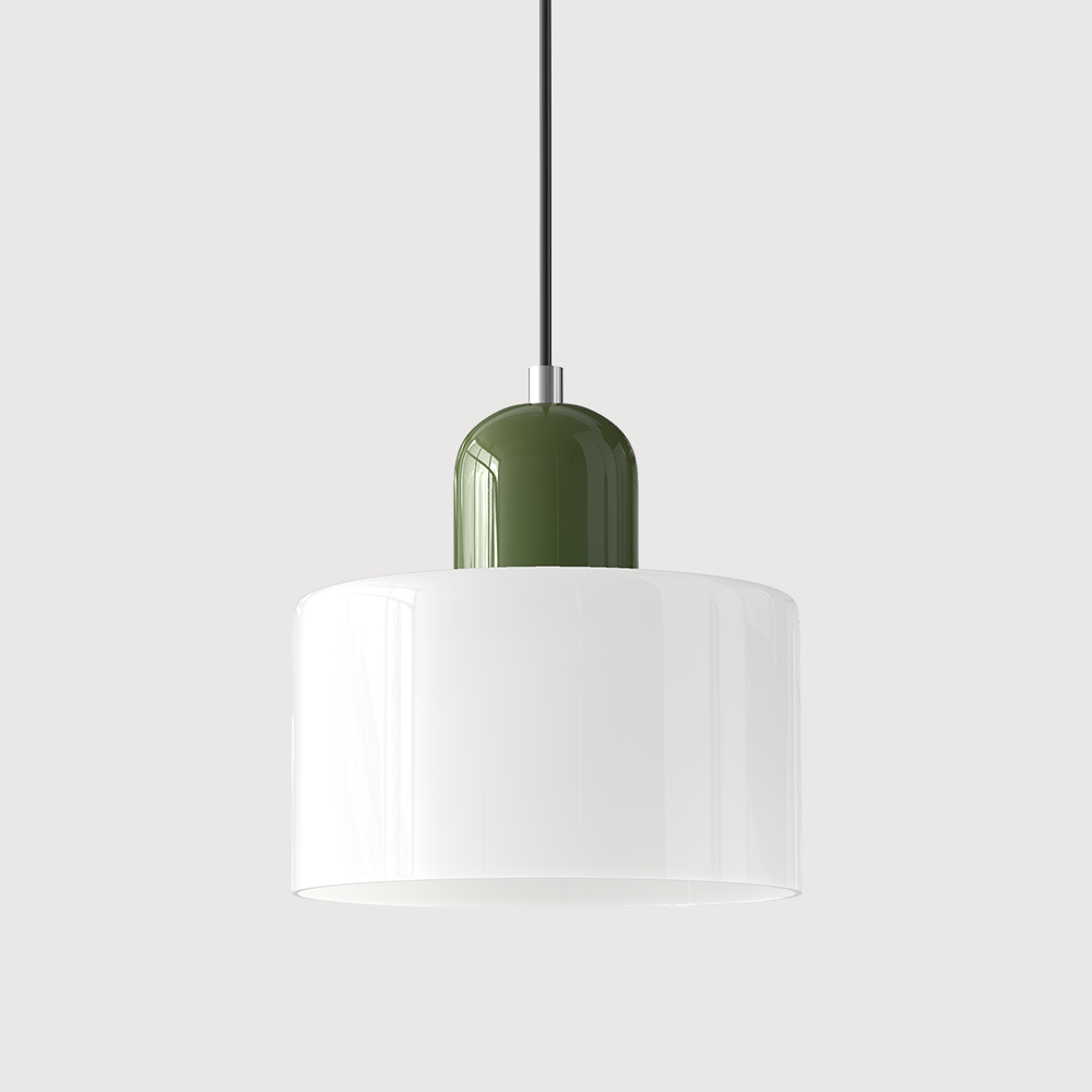 Mid-century modern hanglamp met warm wit licht en tweelaagse matglazen kap