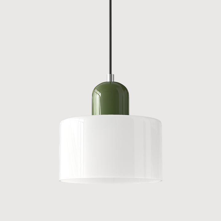 Mid-century modern hanglamp met warm wit licht en tweelaagse matglazen kap