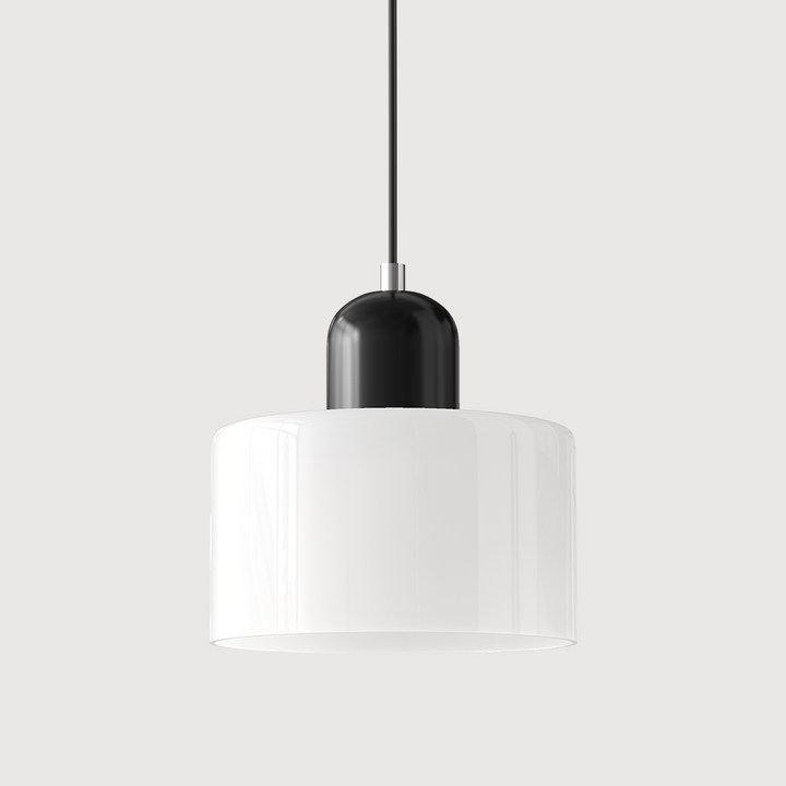 Mid-century modern hanglamp met warm wit licht en tweelaagse matglazen kap