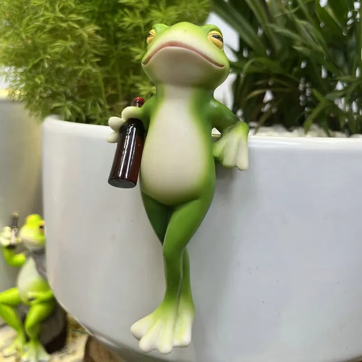 Plantenpothanger knuffelend hars figuurtje bloem decoratief tuinkikker