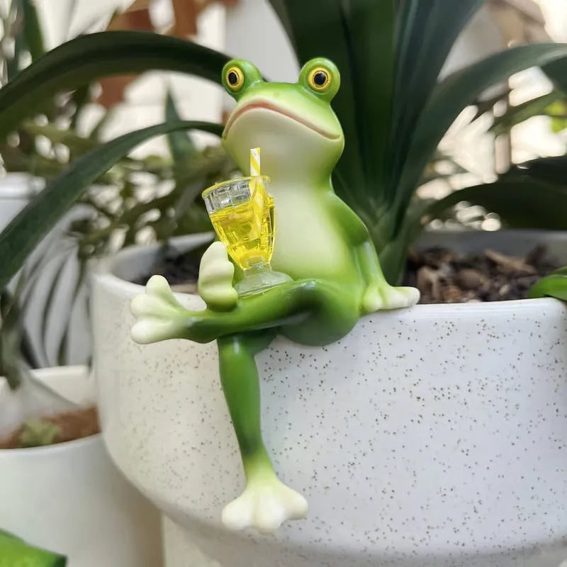 Plantenpothanger knuffelend hars figuurtje bloem decoratief tuinkikker