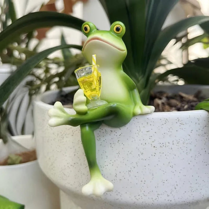 Plantenpothanger knuffelend hars figuurtje bloem decoratief tuinkikker