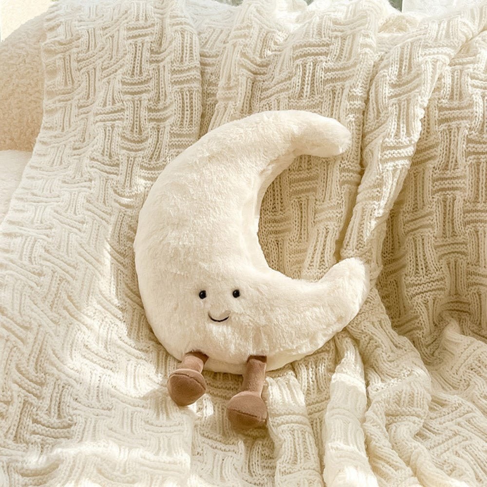Pluchen decoratief sierkussen met pluizige stof en geborduurd lachend gezicht zon en maan